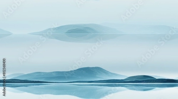 Obraz The image is a beautiful landscape painting of a lake and mountains in shades of blue and green
