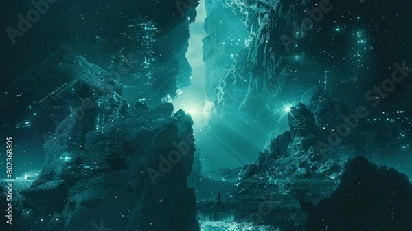 Fototapeta The image is showing a group of glowing mushrooms in the dark.