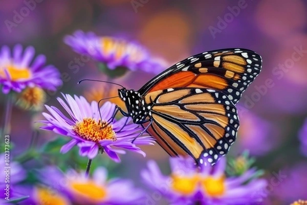 Fototapeta Close up of a butterfly on a colorful flower, perfect for nature backgrounds