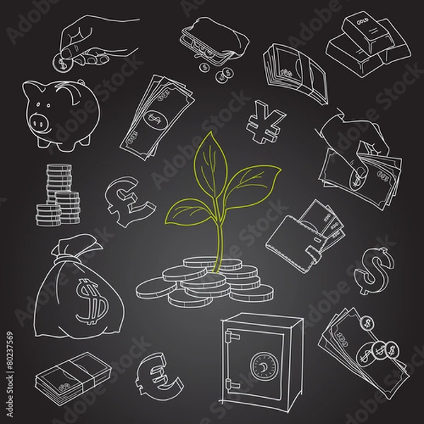 Fototapeta Money tree sprout and financial symbols vector sketch