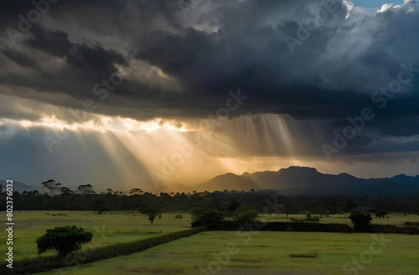 Fototapeta Rays of light shining through dark clouds It's goanna rain. generative ai