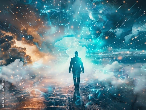 Fototapeta A futuristic scene of a leader navigating through a digital storm in cyberspace, virtual elements interacting with real storm imagery, blending technology and leadership