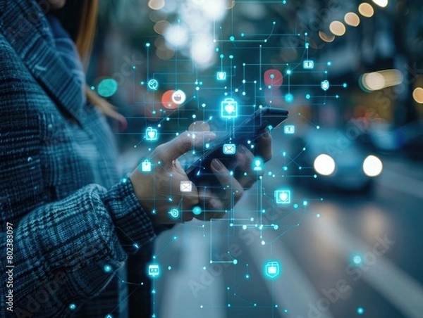 Obraz Cybersecurity and privacy concepts to protect data. Businessman use smartphone with cyber security technology for protecting personal data and secure internet access