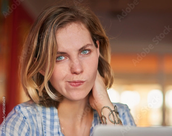 Fototapeta Frustrated, woman and laptop at home for portrait with glitch or technical problems from internet or network for mistake. Stress, female person and digital tech with anxiety for project deadline