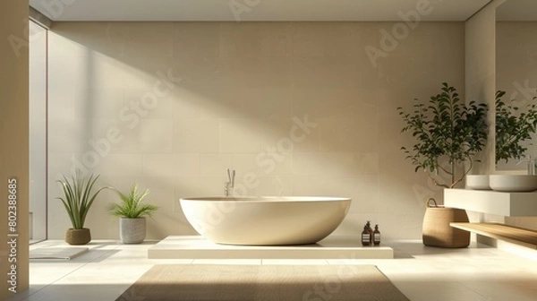 Fototapeta A minimalist bathroom design with a freestanding bathtub centered in a spacious layout, surrounded by neutral tones and natural elements