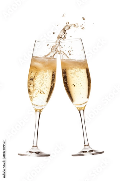 Obraz Two elegant champagne flutes filled with sparkling champagne, with a steady stream of bubbles, against a transparent background. Generative AI