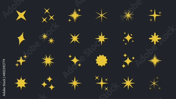 Fototapeta Retro futuristic bright vector yellow icons collection. Set of original star sparkle shapes. Abstract shine effect vector sign. Glowing light effect, twinkle templates stars and bursts, shiny flash.