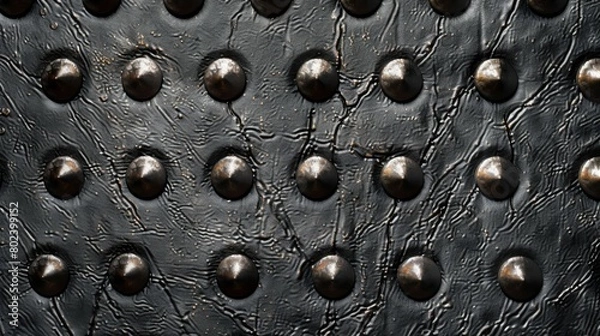 Fototapeta Metallic studs on a black leather background provide an edgy and rock-inspired texture to your design.