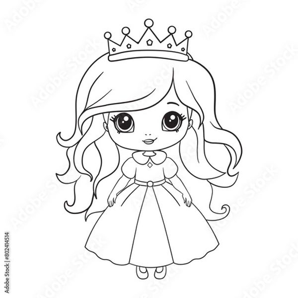 Obraz A cute little princess in a dress with a crown. A coloring book page with a colorful template for children. Vector isolated illustration.