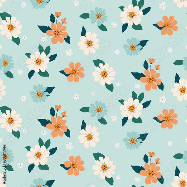 Fototapeta Seamless floral pattern. Background in small flowers for textiles, fabrics, cotton fabric, covers, wallpaper, print, gift wrapping, postcard, scrapbooking.