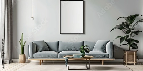 Fototapeta living room with a couch and a table with a plant in it and a mock-up picture frame on the wall