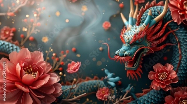 Fototapeta Digital artwork of a majestic red dragon, its scales gleaming as it roams through a fiery, mystical landscape..