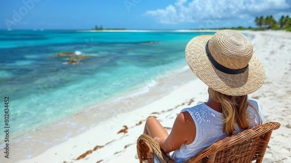 Obraz Woman relaxing in wicker hammock, enjoying the sun on a peaceful beach vacation getaway
