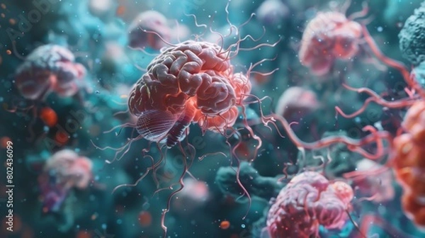 Fototapeta 3D rendering image demonstrating the concept of brain plasticity, showcasing the brain's ability to adapt and change over time