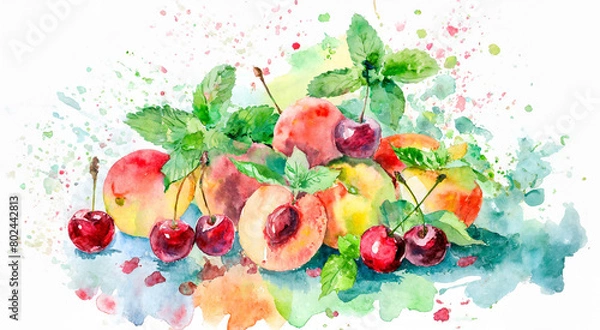Fototapeta A vibrant watercolor painting showcasing an array of fresh fruits and mint leaves, bursting with lively colors