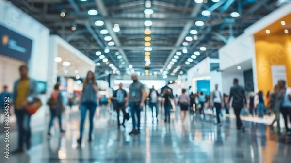 Fototapeta Busy scene at a professional expo with people walking and interacting. The setting includes booths, banners, and informational displays. The background shows modern architecture with large windows