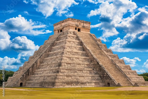 Obraz Photo of the view of the pyramid in the archaeological site of chichen itza in yucatan. Generative AI