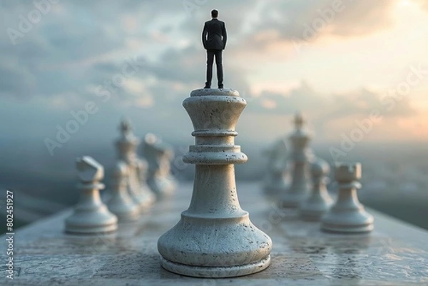 Fototapeta Businessman atop a giant chess piece in a strategic game setting, representing strategic planning and foresight