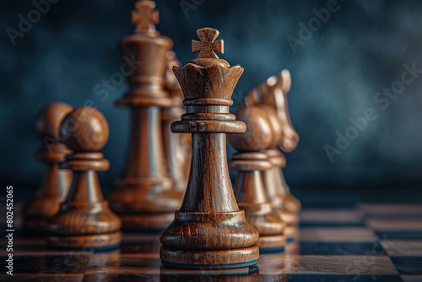 Fototapeta Chess pieces on chessboard on dark background