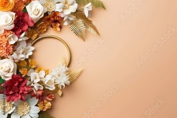 Fototapeta Paper cut flowers and leaves surround empty copy space. Mockup. Wedding and party decorations. Background for publications and presentations