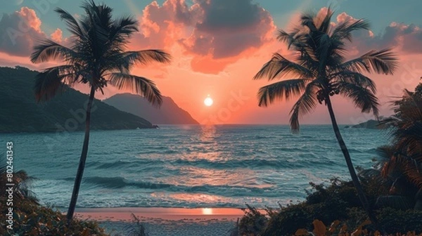 Fototapeta Tropical Beach Sunset with Palm Trees and Ocean Waves