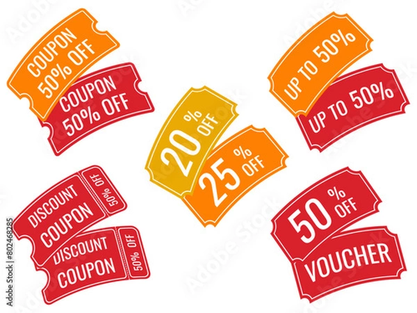 Fototapeta Set of coupons and vouchers for discounts in yellow, red and orange colors isolated on a white background, vector.