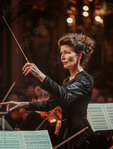 Fototapeta An elegant orchestra conductor woman leads with intensity and passion during a concert, using a baton in a well-lit theater.