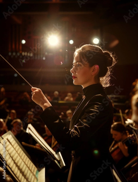 Fototapeta An elegant orchestra conductor woman leads with intensity and passion during a concert, using a baton in a well-lit theater.
