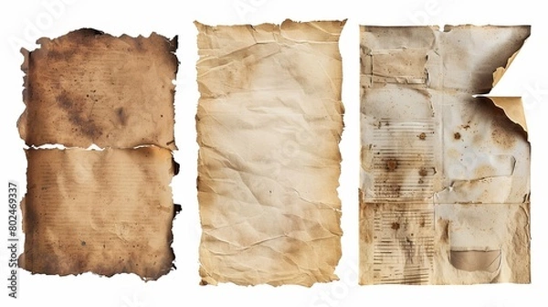 Fototapeta A set of assorted vintage and antique paper scraps, stained and torn, isolated on a white background, suitable for digital collages or textual presentations in a grungy style