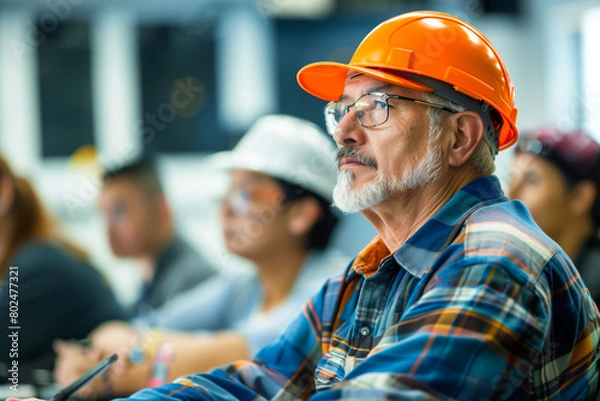 Obraz Senior Construction Worker Attending Safety Training. A focused senior construction worker with a hard hat participates in a safety training class among diverse colleagues.