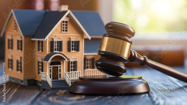 Obraz Real Estate Law Concept with Gavel and House Model. A model home next to a judge's gavel on a wooden desk, depicting real estate law, property disputes, and legal proceedings.