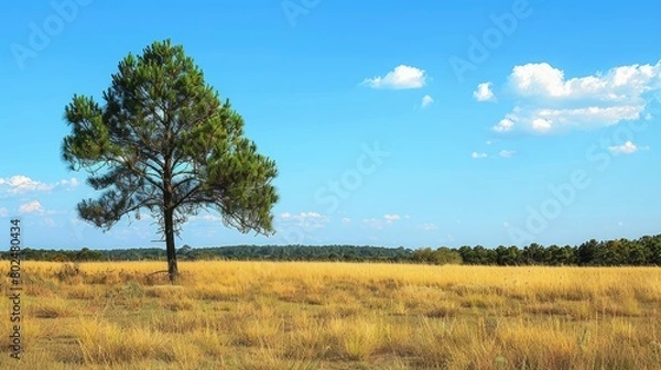 Fototapeta Long Leaf Pine in the Sunny Savannah Forest with Blue Sky and Holly: A Peaceful Shelter in Nature's
