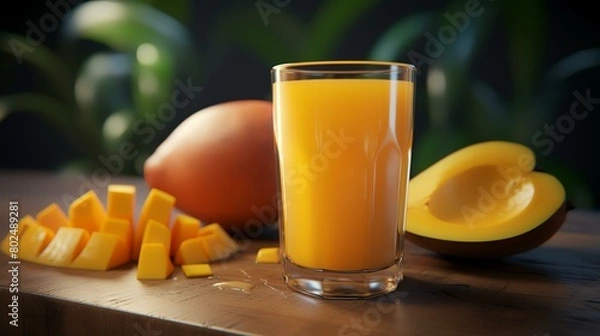 Fototapeta A glass of fresh orange juice and fruits on a wooden table in the room, closeup