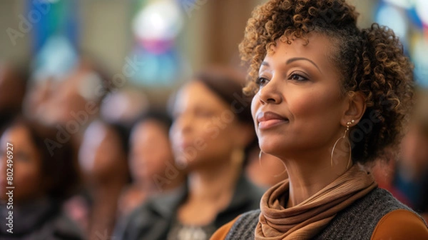 Obraz  African American woman, wearing casual attire and with short curly hair, standing in the foreground at church during a worship service. 