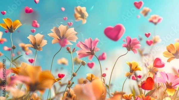 Fototapeta Colorful flowers and heart-shaped balloons floating in dreamy sky