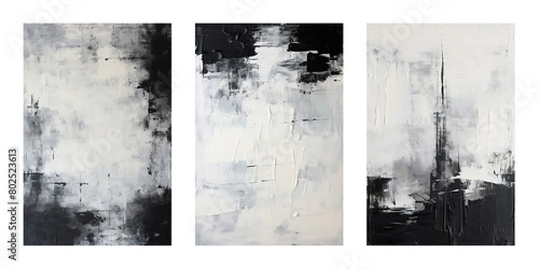 Obraz set of three black and white abstract oil painting on canvas, acrylic texture background, wave rough brushstrokes of paint