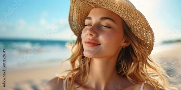Fototapeta Beautiful woman in straw hat enjoying sunny beach day, vibrant blue ocean backdrop, summer holiday mood, joyful relaxation. Copy space.