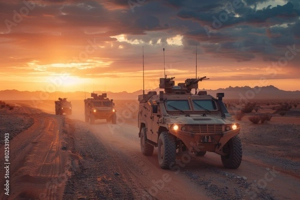 Fototapeta Military armored vehicles in the desert at sunset. Nato military vehicle. A military vehicle for infantry and special operations