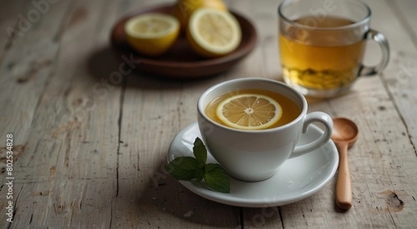 Fototapeta Tea with lemon and mint on a wooden background. Empty space, place for text
