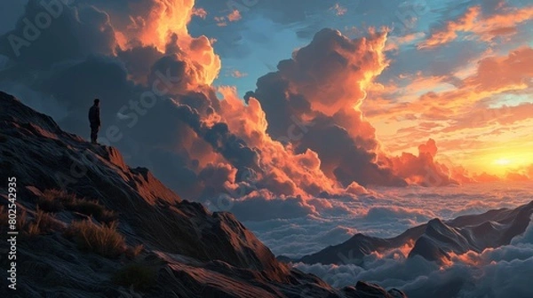 Obraz silhouette of man on top of mountain peak at sunset. Created with generative AI.