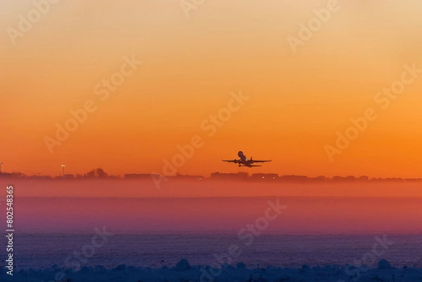 Fototapeta The plane is landing at dawn in heavy fog in winter. The silhouette of an airplane against the sky
