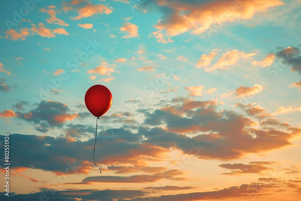 Obraz A single red balloon floating against a stunning sunset sky.
