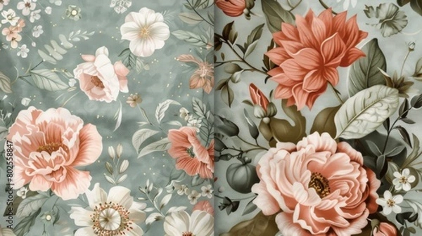 Fototapeta Floral patterns in hues of blush pink and sage green create a romantic texture.