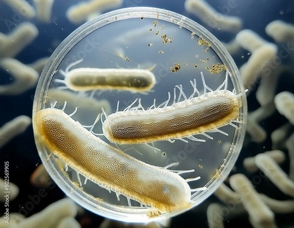 Obraz Bacteria under a microscope. Illustration of a bacteria. Bacillus bacterium. Microbiology. Science. Bacteria. Classification and Identification. Bacteria in a Petri Dish