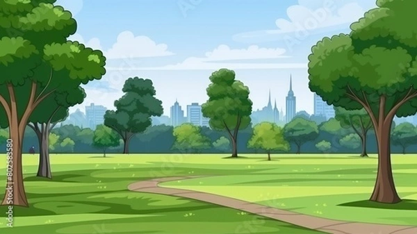 Fototapeta Cheerful cartoon illustration of a city park, brimming with greenery and a serene lake under a sunny sky