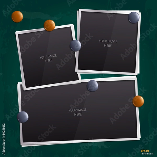 Fototapeta Set of empty photo frames on chalkboard, blackboard.