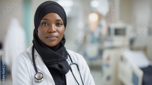 Obraz African American female doctor wearing hijab and a white coat, standing in a hospital room with a blurred background. Healthcare worker diversity concept