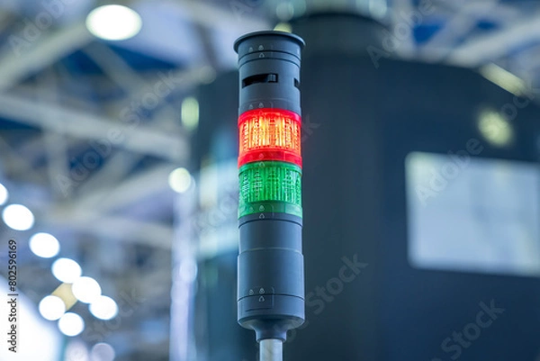 Fototapeta Traffic light at the machine. Red traffic light in a factory workshop. Industrial traffic light in a production workshop. Conveyor warning system