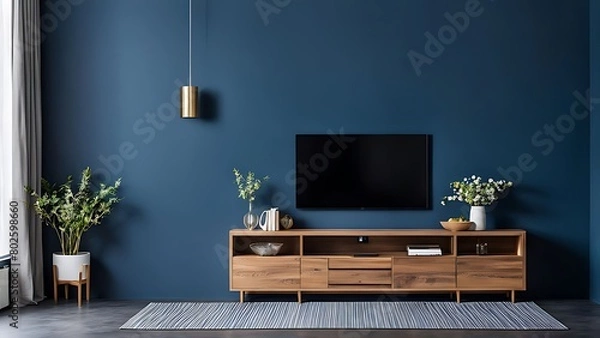 Fototapeta  Living room with cabinet for tv on dark blue color wall background 