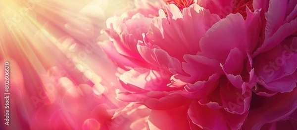Fototapeta Top-down perspective of a vibrant pink peony flower against a backdrop of sunny rays, with space for text duplication.